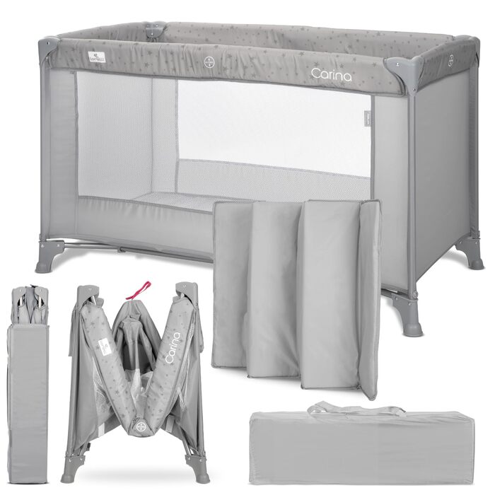 Дитяче ліжечко Lorelli Baby Travel Cot, 2 в 1, дитяче ліжечко та манеж Carina, дитяче ліжечко від народження до 15 кг, складне, включаючи сумку для транспортування, сірий