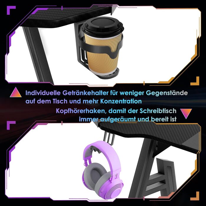 Ігровий стіл 160 x 60 см, ігровий стіл, комп&39ютерний стіл у формі літери А з RGB-світлодіодним підсвічуванням, карбонова поверхня, ергономічний кутовий стіл з підставкою для чашок та гачком для навушників, 160 x 60 см