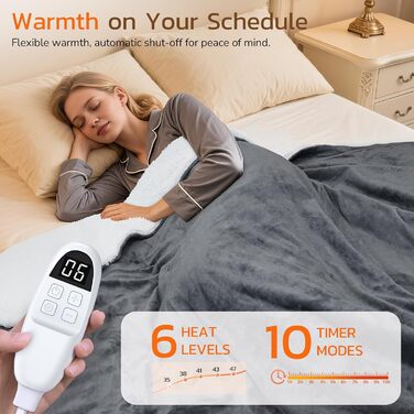 Ковдра PRANITE з підігрівом 180x130 см Електрична ковдра з шерпи та фланелі, 6 режимів нагріву, 10-годинний таймер, автоматичне вимкнення, захист від перегріву, можна прати сірого кольору для ліжка та дивана 130 x 180 см