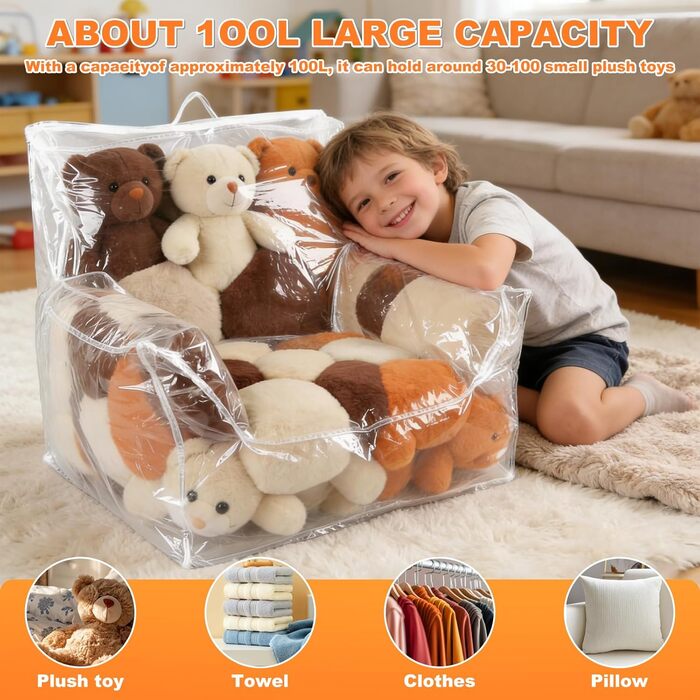 Дитяче плюшеве крісло для зберігання іграшок, дитяче крісло для малюків, прозоре м&39яке крісло-мішок з м&39якою іграшкою, чохол для крісла-мішка з ПВХ, крісло-мішок для дитячої кімнати, вітальні, ігрової кімнати, класу