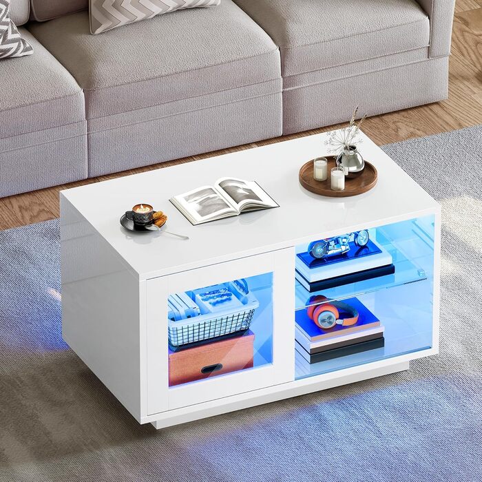 Білий журнальний столик YITAHOME, глянцевий стіл для вітальні з сучасним світлодіодним освітленням, білий бічний столик з відкритою регульованою полицею для демонстрації, 80x40x45 см
