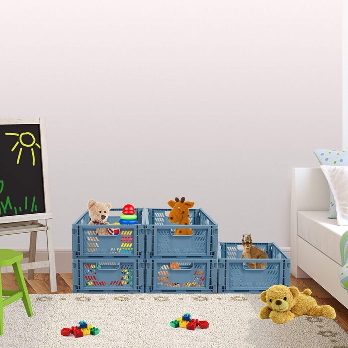 Складані пластикові коробки для зберігання Gunolye з 4 предметів, міцні, складані пластикові кошики, штабелювані пластикові транспортні коробки, спальня, офіс, 34 x 26 синього кольору