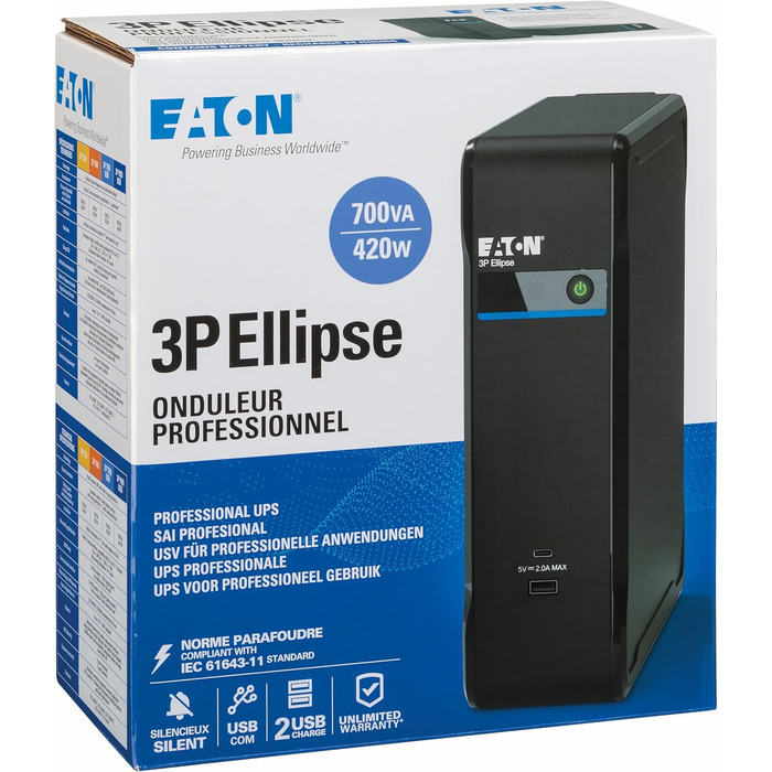 ДБЖ Eaton Ellipse 3P 700UD автономний 700 ВА/420 Вт роз&39єм DIN USB типу A та C (3 батареї захист від перенапруги, лише 1 батарея із захистом від перенапруги, програмне забезпечення для вимкнення) (3P700UD)