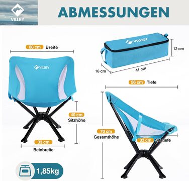 Складаний та портативний кемпінговий стілець VILLEY, синій, складний кемпінговий стілець з алюмінієвою рамою та міцною та дихаючою тканиною, вантажопідйомність 150 кг, кемпінговий стілець з сумкою для використання на свіжому повітрі, риболовля