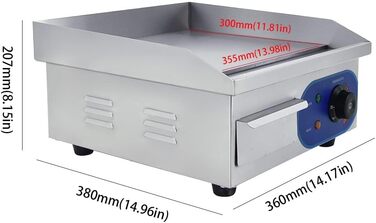 Електричний гриль, нержавіюча сталь, настільний гриль, професійний, 220 240 В, 1500 Вт, залізна пластина для гриля, гладка поверхня, захист від бризок (35,5 x 30 см)