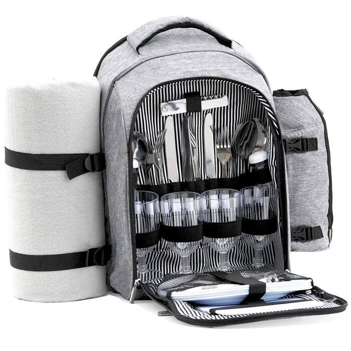 Рюкзак для пікніка CampFeuer з 32 предметів Набір для пікніка для 4 осіб Сірий з тримачем для пляшок, ковдрою для пікніка, відділенням для холодильника та посудом для кемпінгу Рюкзак для відпочинку, рюкзак для кемпінгу