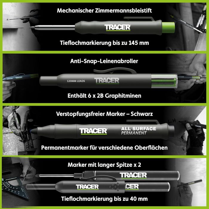 Набір будівельних маркерів Tracer з 5 предметів у футлярі для зберігання столярний олівець, 2 маркери з довгим наконечником, маркер, що не засмічується, та дозатор для змінних картриджів.