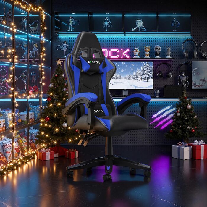 Геймерське крісло, геймерське крісло з підголівником та поперековою опорою, регулювання висоти та нахилу 90135, вантажопідйомність 130 кг, ергономічне ігрове крісло для ігрового офісу (чорне/синє) Чорно-синя базова модель