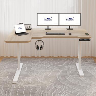 Електричне регулювання висоти письмового столу, L-подібний стіл 150 см для роботи сидячи та стоячи з 4 налаштуваннями пам&39яті, стільниця зі зрощеного світлого дуба, регульований по висоті стіл для домашнього офісу 150x78 світлий дуб