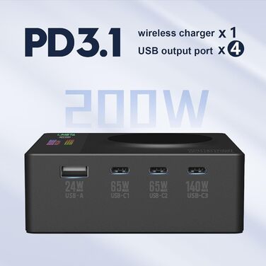 Зарядний пристрій LIMETA 200 Вт USB C 5-портовий PD3.1 бездротовий магнітно-безпечний швидкий зарядний пристрій (140 Вт макс.) з 3