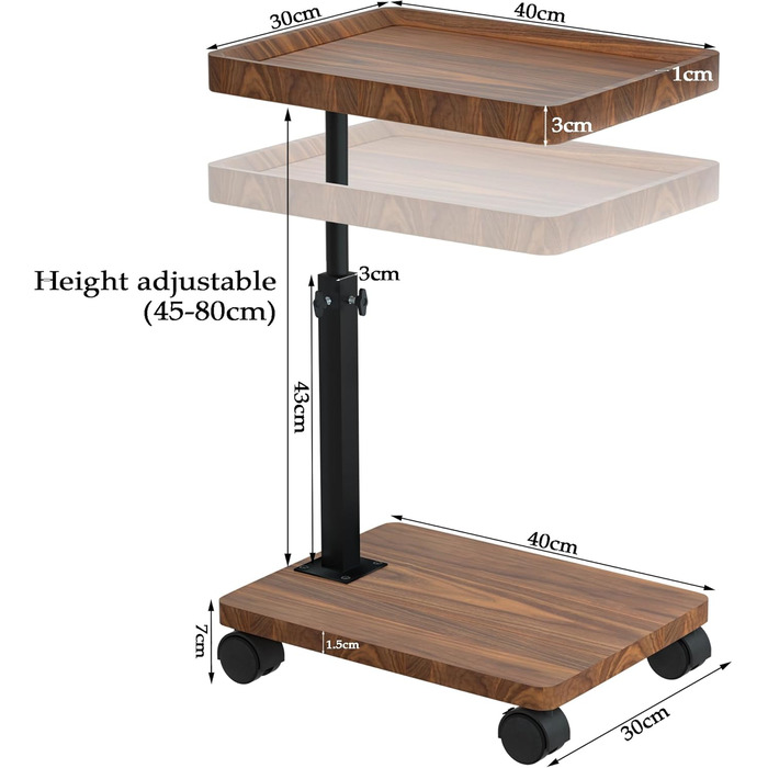 Журнальний столик з колесами Журнальний столик з регульованою висотою (45-80 см) Дерев&39яні жорстокі столики, С-подібної форми, обертаються на 360, з горіховим покриттям Невеликий журнальний столик для вітальні, дивана, кушетки (горіх)