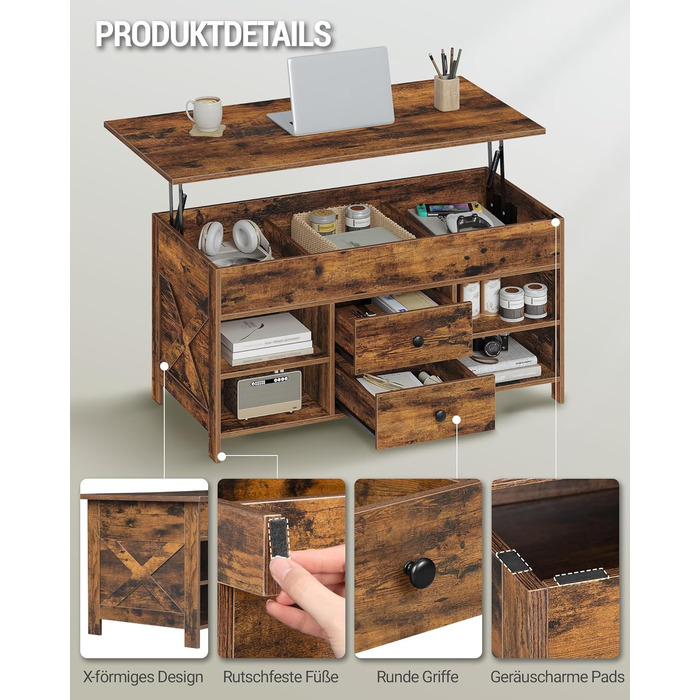 Журнальний столик Hzuaneri, стіл для вітальні з регульованою висотою, диван-столик, 2 шухляди та приховане місце для зберігання, 50 x 100 x 47,3-61,3 см, для вітальні, їдальні, офісу, вінтажний коричнево-чорний CT22101B