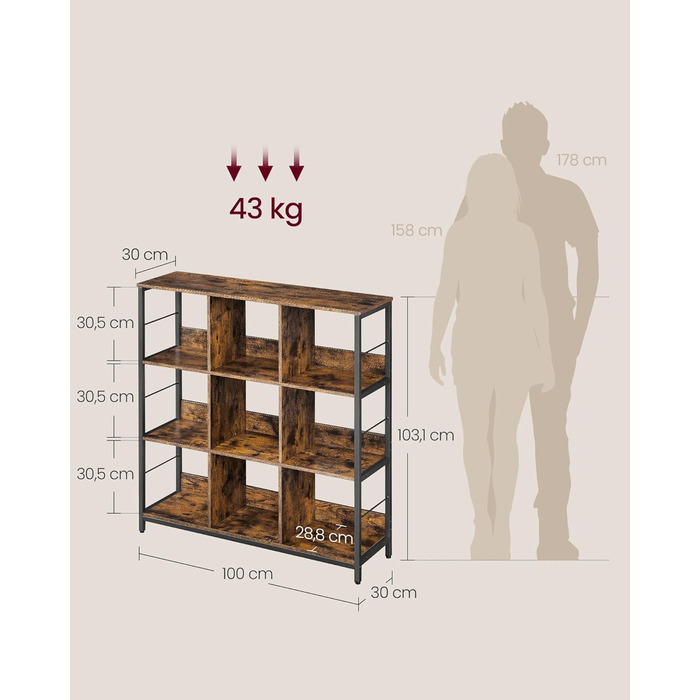 Рівнева полиця, книжкова шафа, окремостояча полиця з 9 відділеннями, для вітальні, спальні, кабінету, кухні, 30 x 100 x 103,1 см, вінтажний коричневий-чорнильний чорний LLS112B01 30Г x 100Ш x 103,1В см Вінтажний коричневий чорнильний чорний, 3-