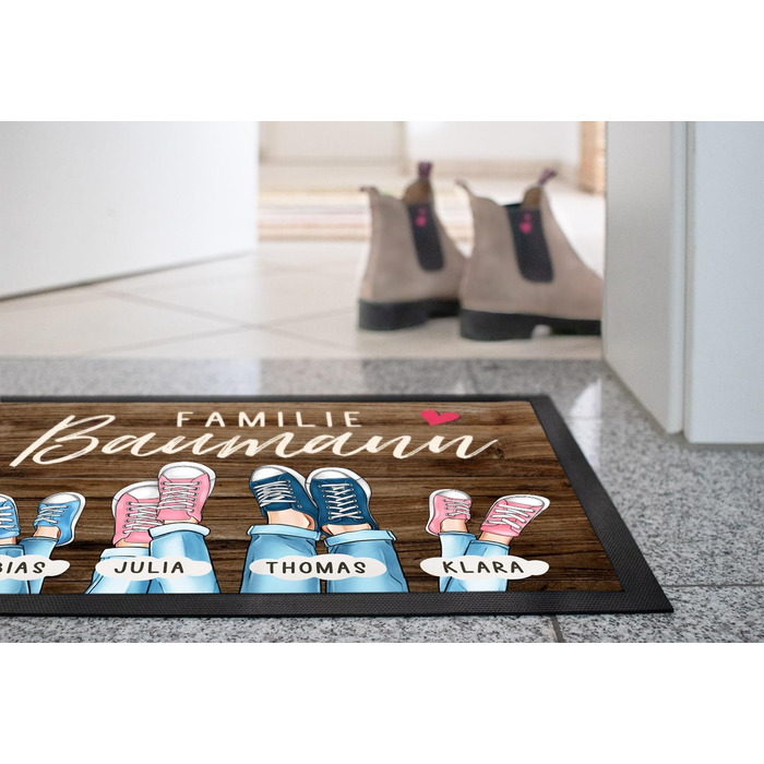 Персоналізований сімейний килимок для дверей до 4 дітей, принт на кросівках, кольори, що налаштовуються, нековзний та миється, чорний, 60x40 см, сімейне взуття, чорний