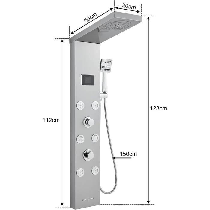 Душова панель зі світлодіодним підсвічуванням, без батареї, душова панель KEOKBON 5 в 1 з дисплеєм часу та температури з нержавіючої сталі Душова система з туманним та тропічним душем 6 масажних душів Ручний душ Вхід у ванну