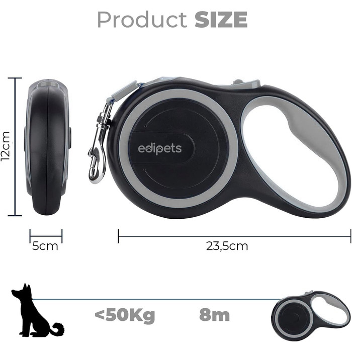 Поводок-рулетка Edipets для собак, розсувний, 3, 5 та 8 метрів, гнучкий стрічковий, для прогулянок праворуч (Сірий, 8 метрів)