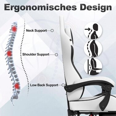 Ергономічне ігрове крісло UISEBRT з масажем та підставкою для ніг, зручне ігрове крісло з регульованою спинкою, підголівником та масажною поперековою подушкою - чорно-біле