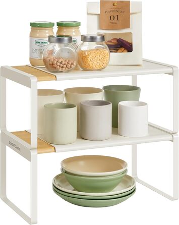 Стійка для спецій, набір з 2 шт. , висувна, кухонний органайзер, кухонна полиця, органайзер для шафи, тримач для спецій, кухня, невелика полиця, штабелюється, настільний органайзер, натуральний бежево-кремово-білий KCS051N01 2 натуральний бежевий кремово-