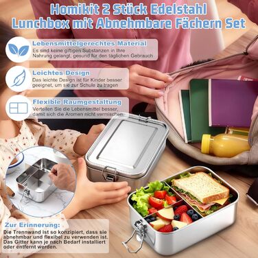 Набір ланчбоксів Homikit з розділеннями, 2 шт., 850 мл, нержавіюча сталь. Металеві контейнери для обіду, сніків, герметичні, з ущільнювальним кільцем для школи, офісу, пікніка. Можна мити в посудомийній машині.