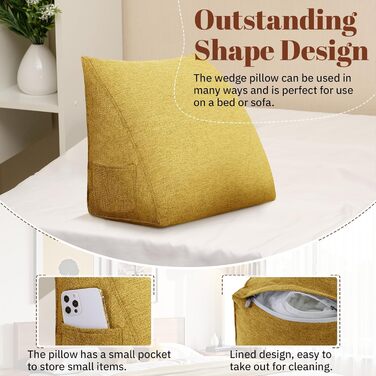 Подушка для читання Трикутна клиноподібна подушка для ліжка та дивана, зручна подушка для спини, мяка опорна подушка для читання та відпочинку, зі знімним чохлом, який можна прати, жовта, 45 см