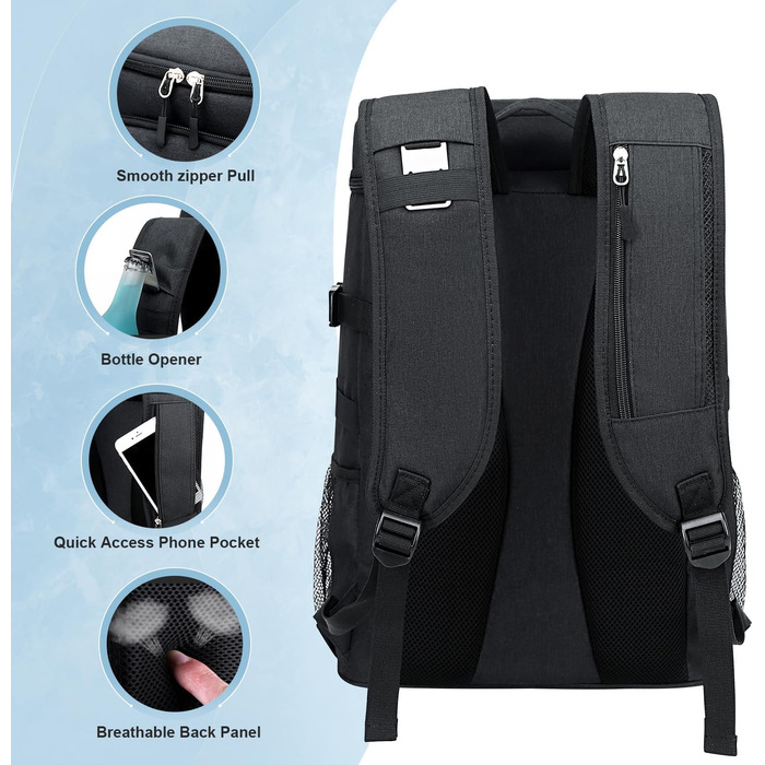 Рюкзак-холодильник Estarer 35L, рюкзак для пікніка, водонепроникний рюкзак з відкривачкою для пляшок для кемпінгу, походів та використання на пляжі, чорний