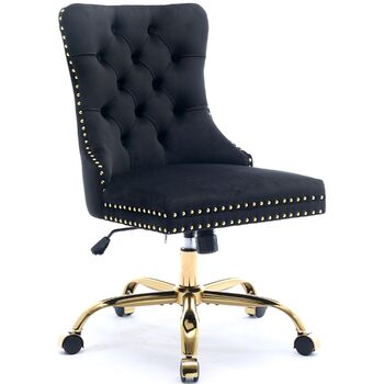 Вінтажне британське оксамитове офісне крісло зі стьобаною спинкою та оздобленням цвяхами, регульоване по висоті, поворотне та з коліщатками, вантажопідйомність до 150 кг - Зручне туалетне крісло для домашнього офісу, чорного кольору