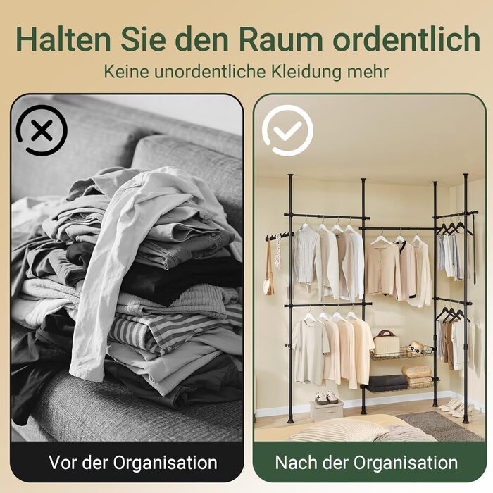 Телескопічна вішалка для одягу SoBuy, міцна вішалка для одягу, регульована відкрита шафа з кошиками для зберігання для спальні, вішалка для одягу, чорна KLS04-II-SCH