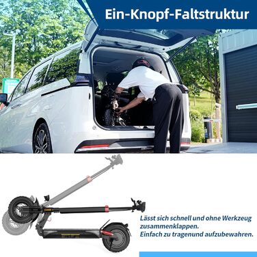 Електросамокат з допуском до дорожнього руху, 10-дюймові позашляхові пневматичні шини з подвійною системою амортизації, акумулятор 12,5 Аг із запасом ходу 6070 км, РК-панель приладів, максимальне навантаження 150 кг, смарт-застосунок.