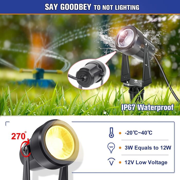 Світлодіодні садові ліхтарі NIORSUN, теплий білий світлодіодний прожектор 3000K, водонепроникний садовий прожектор IP67, садові ліхтарі 17 м 12 В з адаптером, зовнішні садові ліхтарі для саду, двору, дерев (4 шт.) теплий білий 4-в-1