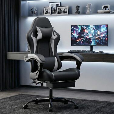 Безбрендове ігрове крісло ергономічне з регульованою висотою з підголівником, поперековою подушкою, обертове крісло для офісу, домашнього офісу, ПК, для дорослих та підлітків (чорно-біле ПВХ), 0I&I0I