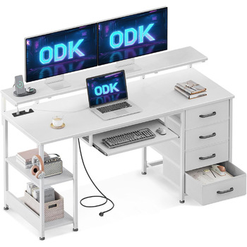 Письмовий стіл ODK з 4 шухлядами, 140x52x92 см, комп&39ютерний стіл з 2 розетками та 2 USB-портами для зарядки, ПК-стіл з полицею, ігровий стіл з підставкою для клавіатури для офісу, вітальня, білий 140x52 см