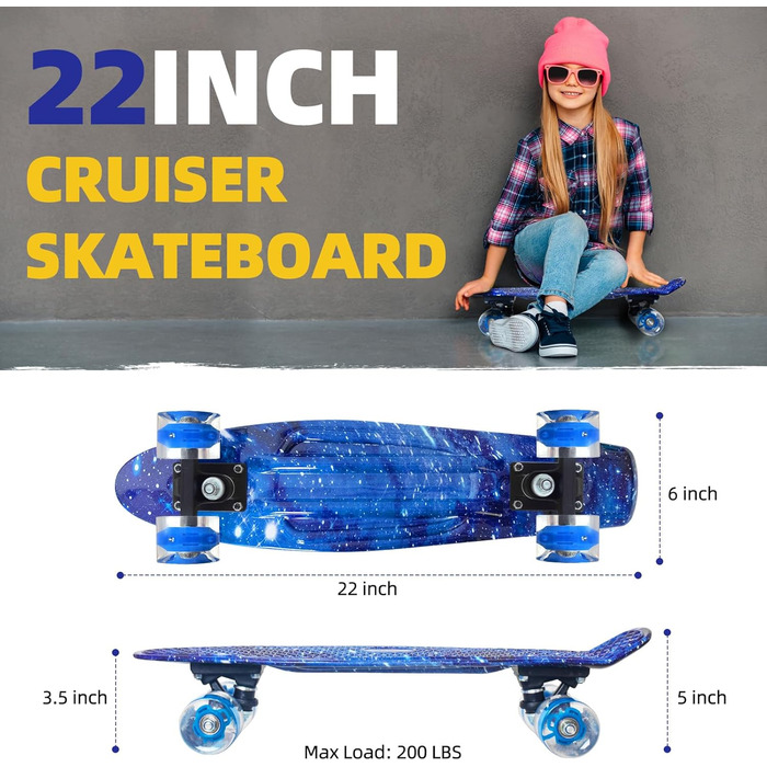 Скейтборди Nattork 22-дюймовий міні-круїзер фіолетовий скейтборд у комплекті ретро скейтборди з барвистими підсвічуванням PU колеса для дітей, дівчаток, хлопчиків, початківців, Blauer Stern