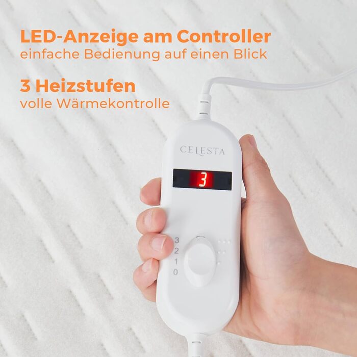 Підогріта підковдра CELESTA 150x80 см, нагрівальна ковдра з 3 температурними режимами, світлодіодним контролером та захистом від перегріву, можна прати в пральній машині та дихаюча, біла стандартна біла 150 x 80 см