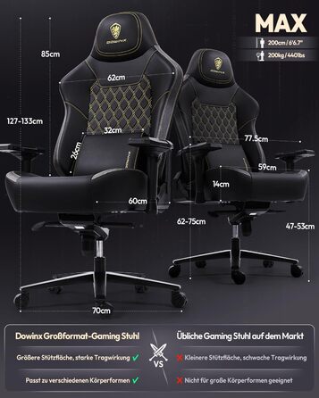 Ігрове крісло Dowinx, вантажопідйомність 200 кг, крісло керівника, ергономічне офісне крісло з 4D підлокітниками та поперековою опорою, ігрове крісло з регульованою висотою для геймерів та кіберспорту, чорне