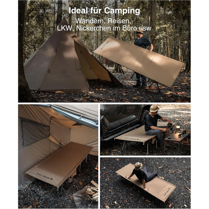 Складане похідне ліжко XXL, портативне кемпінгове ліжко, легке, складне, кемпінгове ліжко до 180 кг для намету, на природі, в подорожах, саду, в офісі (220 * 80 см) кольору койотового коричневого