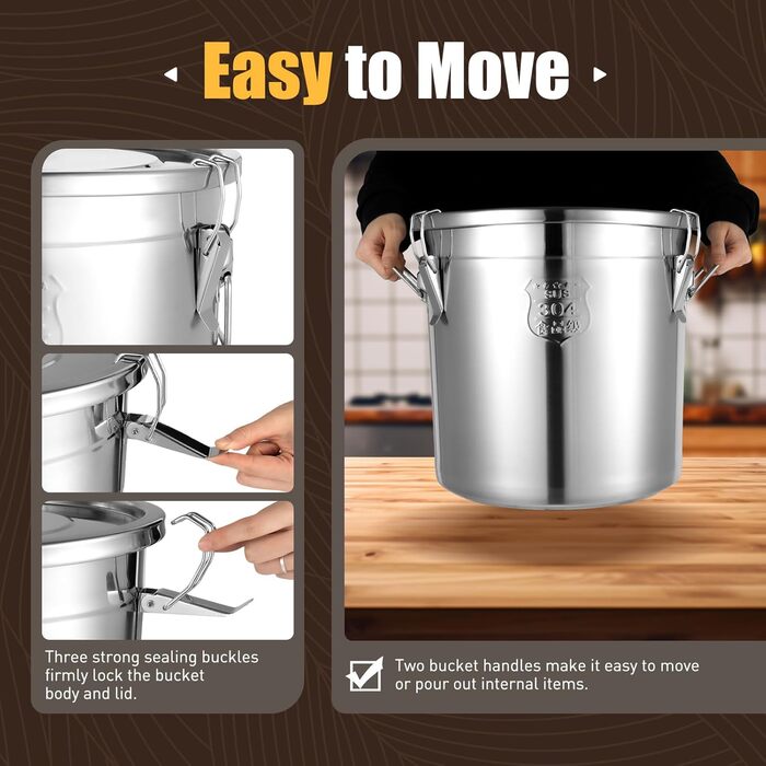 Герметичне відро з нержавіючої сталі з кришкою 6 л/12 л/21 л/33 л - Контейнер з нержавіючої сталі для зберігання на кухні, контейнер для зерна, контейнер для борошна із засувками для рису, борошна та зерна (38x38x36 см 33 л)