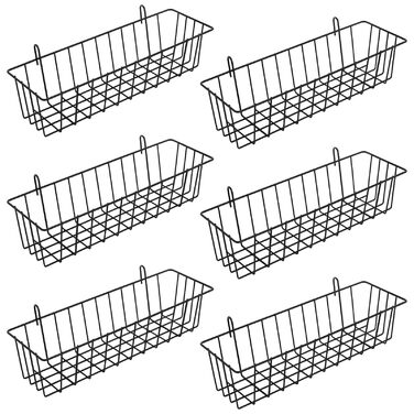 Набір із 6 підвісних дротяних кошиків, 31,5 x 10 x 7,5 см, чорні металеві кошики з гачками для настінних сіток, металеві кошики, дротяні кошики, поличні кошики для стіни
