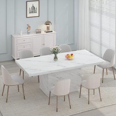 Сучасний обідній стіл HSH, великий обідній стіл для 6-8 осіб, прямокутний дерев&39яний кухонний стіл з міцною колоною для кухні, ресторану, мармуровий вигляд, білий, 180 см (70,87 x 31,5 x 29,9 дюймів)