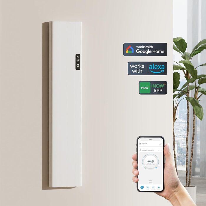 Електричний конвекторний обігрівач EMKE, енергозберігаючий, настінний, 1000 Вт, з РК-дисплеєм, тижневим таймером, пультом дистанційного керування, білий