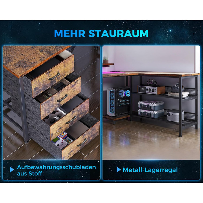 Кутовий стіл ODK з 4 шухлядами та місцем для зберігання, двосторонній кутовий стіл 167102 см з 2 розетками та 2 портами зарядки USB, ігровий стіл зі світлодіодним освітленням та підставкою для монітора для домашнього офісу, вінтажний коричневий