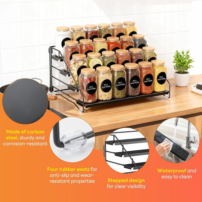 Вертикальна підставка для спецій з чотирма рівнями, регульована, не потребує свердління, підходить для зберігання спецій на кухнях, у шафах та ванних кімнатах.