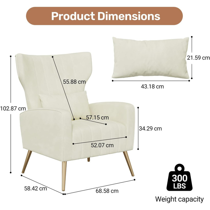 Крісло-рекордер/односпальний диван/крісло під телевізор/крісло-підголовник з підголівником та золотистими металевими ніжками, оксамит, до 130 кг, спальня, вітальня, бежевий, комплект з