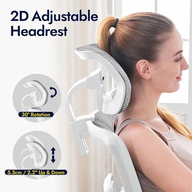 Ергономічне офісне крісло, висока спинка з сітчастого покриття та поперековою опорою, ігрове крісло з регульованими 3D-підлокітниками та підголівником, велике та високе обертове комп&39ютерне крісло, білий колір, 150 кг