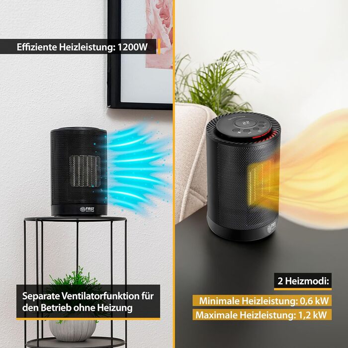 Перший австрійський енергозберігаючий вентилятор-обігрівач Маленький та тихий радіаційний обігрівач з керамічним нагрівальним елементом Осцилюючий обігрівач Електричний обігрівач 600-1200 Вт, таймер, термостат, захист від перекидання, чорний