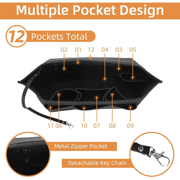 Органайзер для сумочки, органайзер для сумочки з фетру з декількома відділеннями Органайзер для сумочки з брелоком для жіночих сумочок, чорний