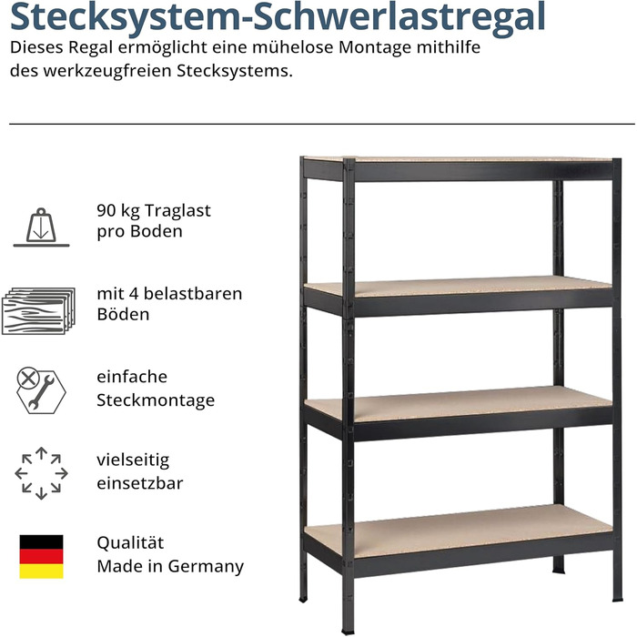 Полігатор SCHULTE Shelf World з 4 дерев&39яними полицями, 180x100x35 см (ВxШxГ), вантажопідйомність на полицю приблизно 90 кг, чорне текстуроване покриття, полиця для зберігання, полиця для підвалу, полиця для майстерні, безболтові полиці