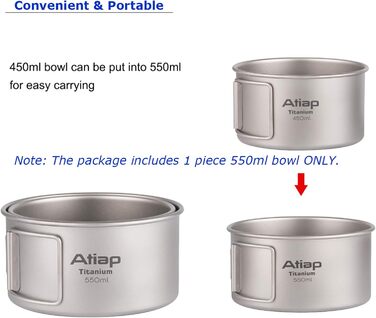 Титанова миска/каструля зі складною ручкою, одностінна титанова миска для приготування їжі зі складною ручкою для використання на свіжому повітрі, кемпінгу, походів, пікніків (550 мл)