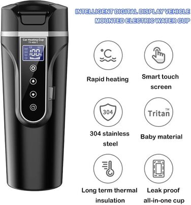 Автомобільний чайник Memows, Автомобільний чайник 12V Туристичний чайник 500 мл, 12 Вольт Кемпінговий чайник Прикурювач 304 Нержавіюча сталь з РК-дисплеєм і контролем температури для автомобільної вантажівки