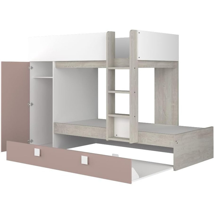 Двох'ярусне ліжко для двох дітей з висувним ліжком і шафою Колір білий потертий і античний рожевий