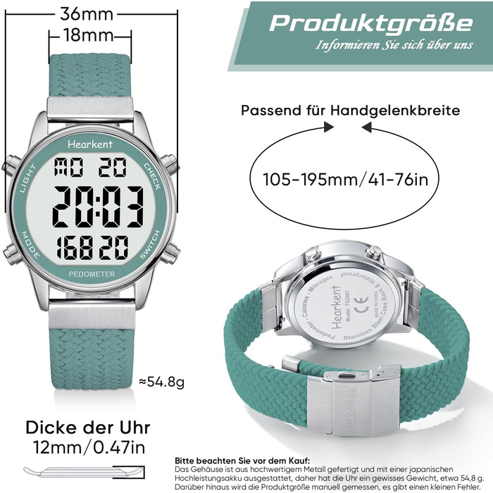 Крокомір для жінок, фітнес-трекер для ходьби, водонепроникний спортивний годинник, лічильник калорій, наручний годинник з великим цифровим дисплеєм, для пенсіонерів, жінок та людей похилого віку, зелений